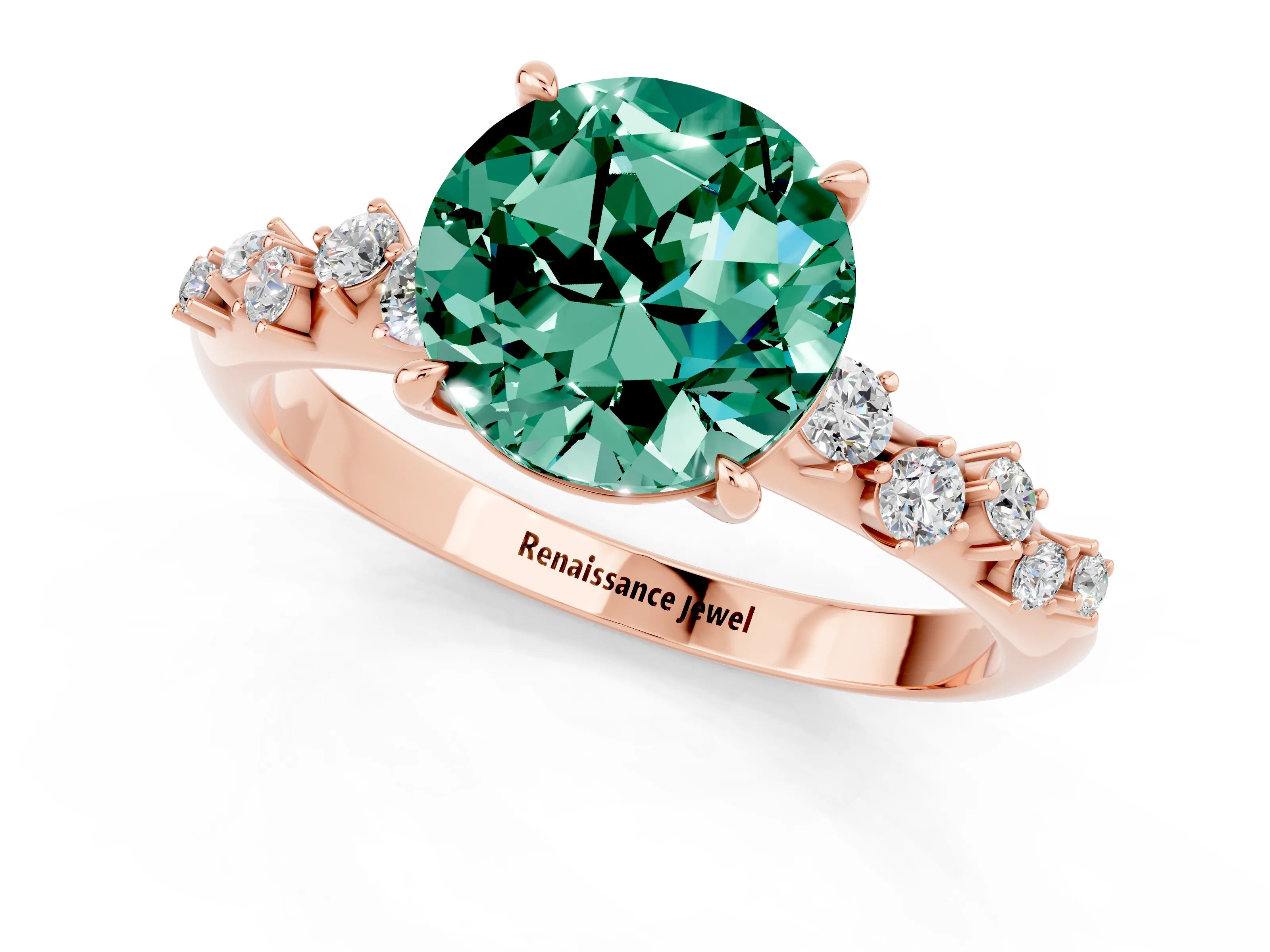 Rose gold Round Cut Green Sapphire Cluster Side Stone Solitaire Ring with Prong Setting_25