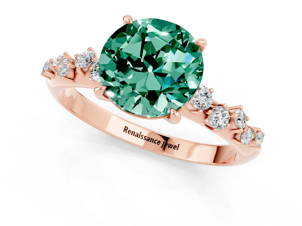 Rose gold Round Cut Green Sapphire Cluster Side Stone Solitaire Ring with Prong Setting