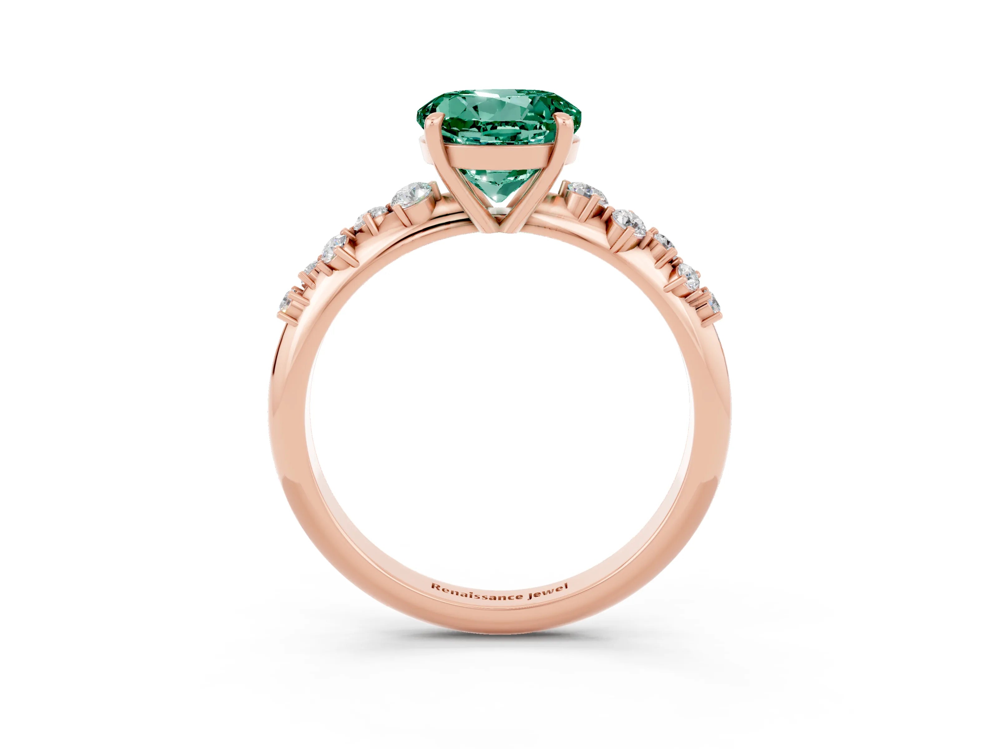Rose gold Round Cut Green Sapphire Cluster Side Stone Solitaire Ring with Prong Setting_27