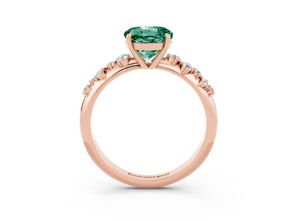 Rose gold Round Cut Green Sapphire Cluster Side Stone Solitaire Ring with Prong Setting