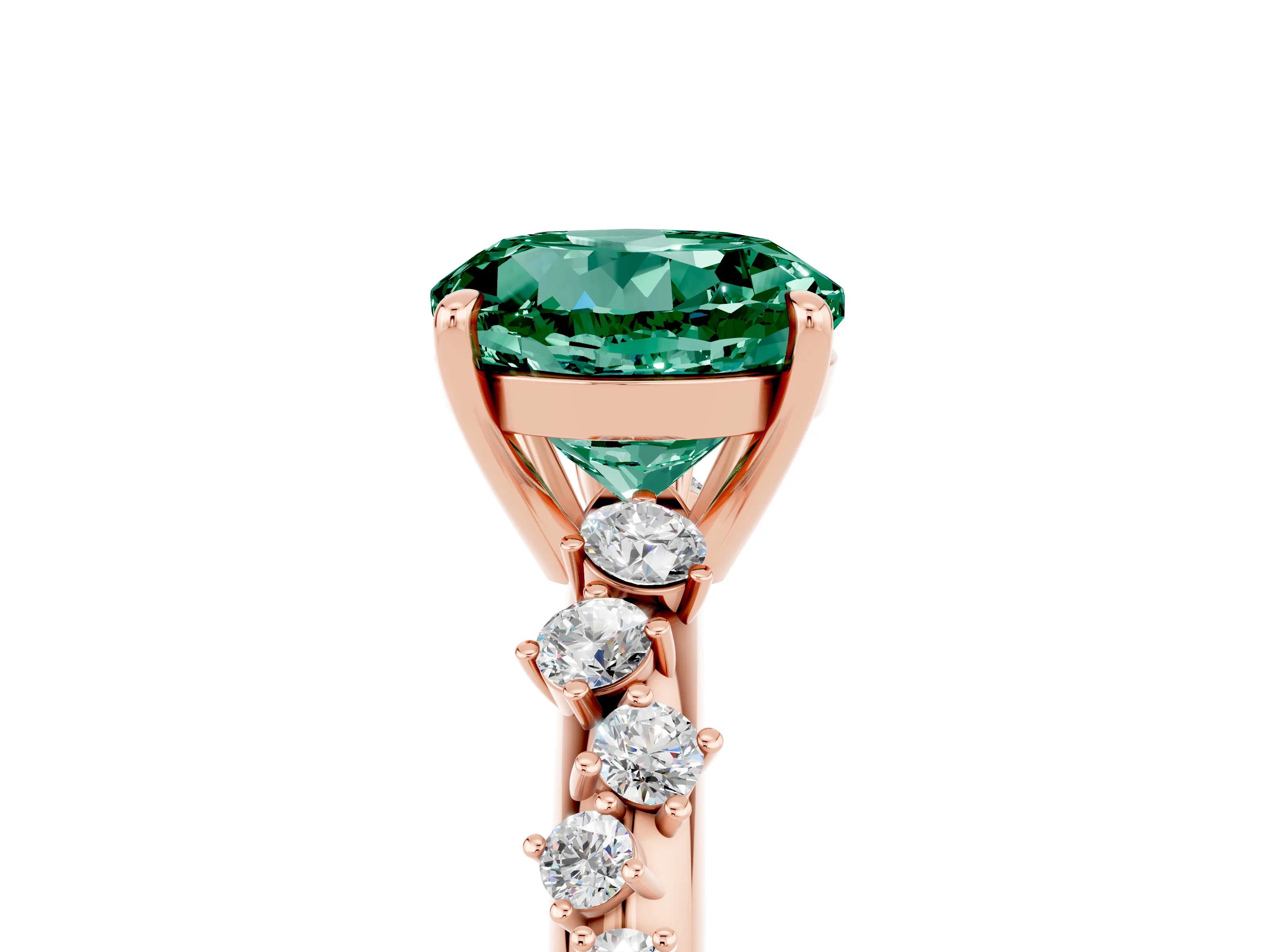 Rose gold Round Cut Green Sapphire Cluster Side Stone Solitaire Ring with Prong Setting_29