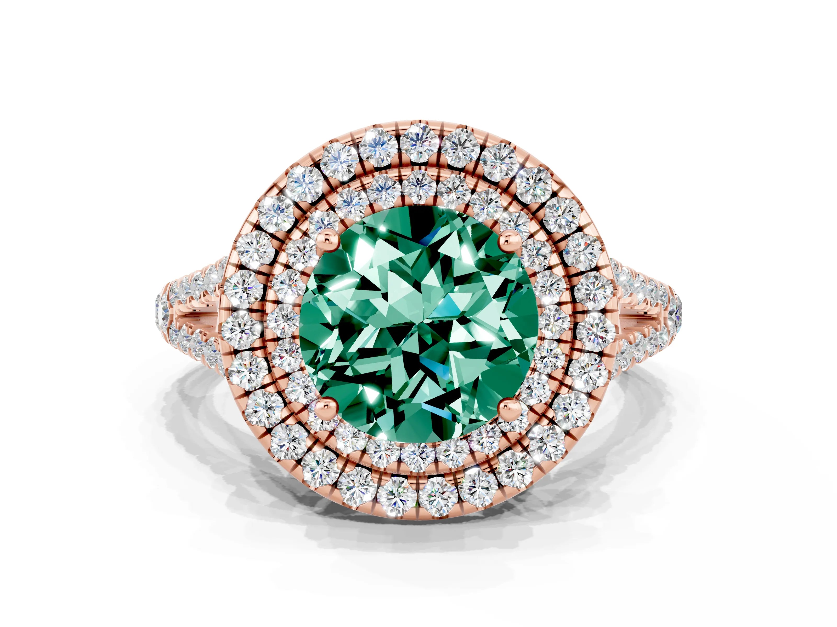 Rose gold Round Cut Green Sapphire Double Halo Ring with Pavé Band and Prong Setting_12