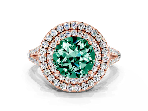 Rose gold Round Cut Green Sapphire Double Halo Ring with Pavé Band and Prong Setting