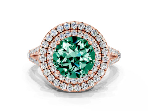 Rose gold Round Cut Green Sapphire Double Halo Ring with Pavé Band and Prong Setting_12