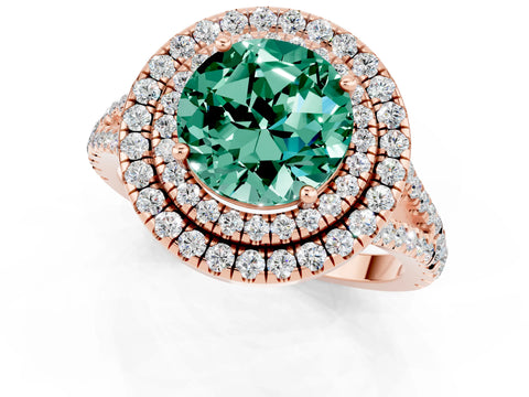 Rose gold Round Cut Green Sapphire Double Halo Ring with Pavé Band and Prong Setting_13