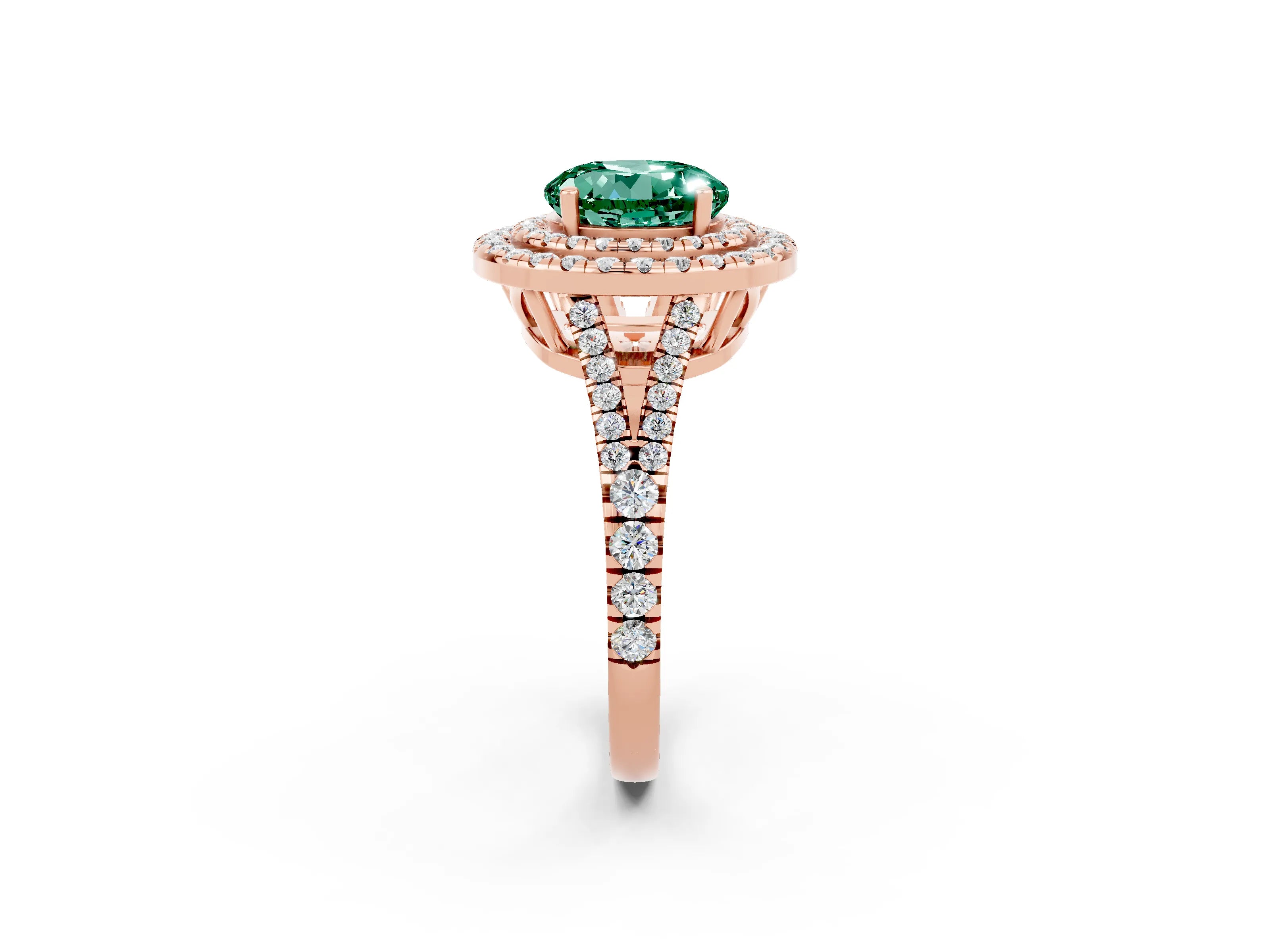 Rose gold Round Cut Green Sapphire Double Halo Ring with Pavé Band and Prong Setting_14