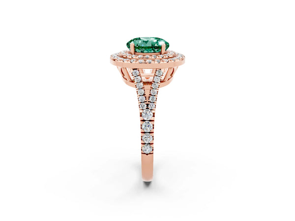 Rose gold Round Cut Green Sapphire Double Halo Ring with Pavé Band and Prong Setting