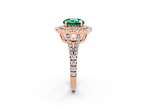 Rose gold Round Cut Green Sapphire Double Halo Ring with Pavé Band and Prong Setting_14