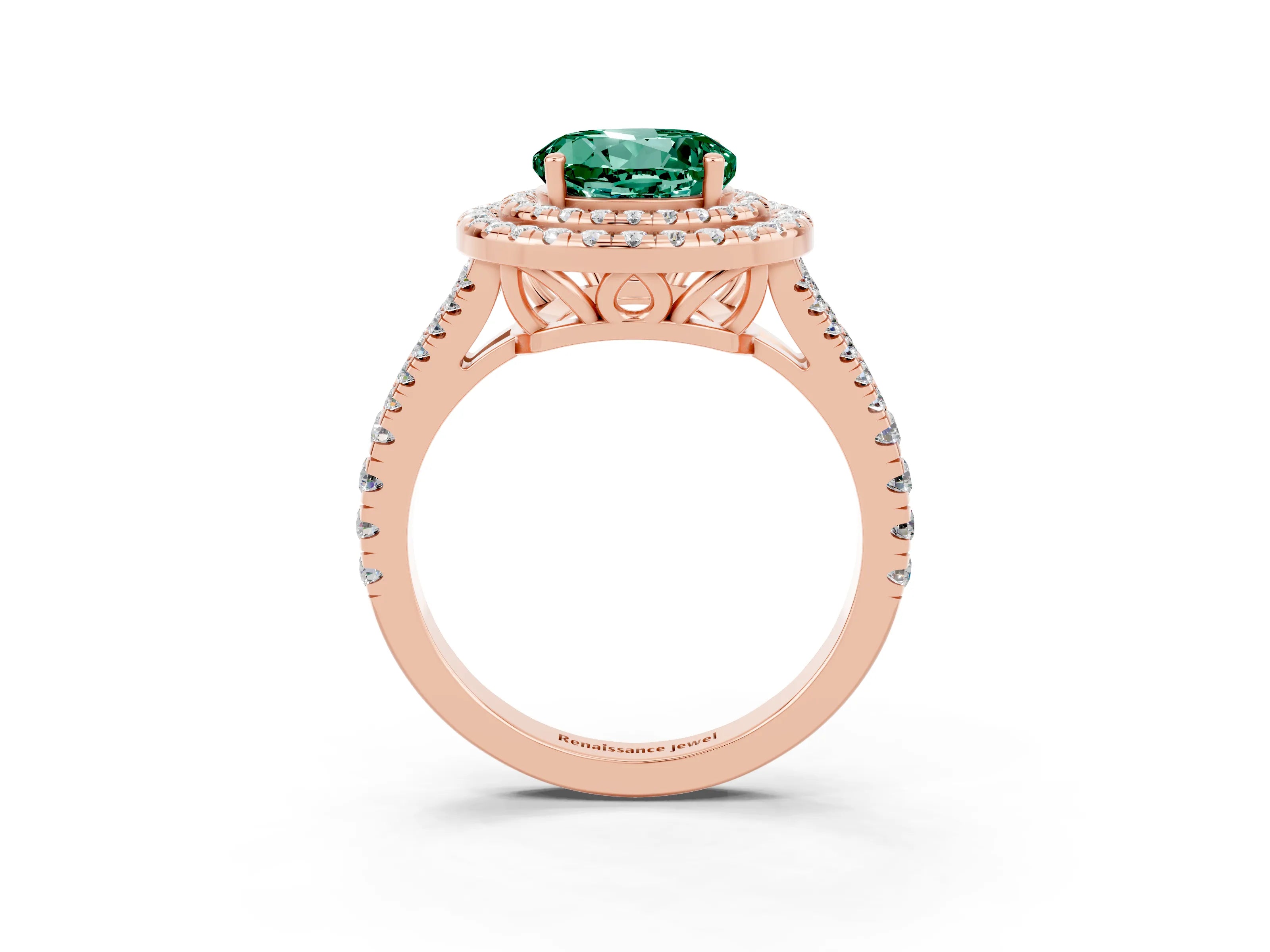 Rose gold Round Cut Green Sapphire Double Halo Ring with Pavé Band and Prong Setting_15