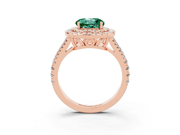 Rose gold Round Cut Green Sapphire Double Halo Ring with Pavé Band and Prong Setting