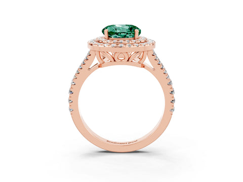 Rose gold Round Cut Green Sapphire Double Halo Ring with Pavé Band and Prong Setting_15