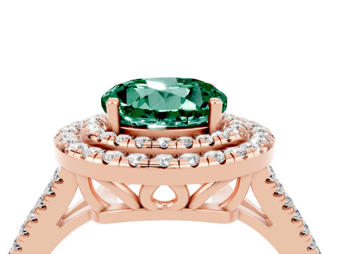 Rose gold Round Cut Green Sapphire Double Halo Ring with Pavé Band and Prong Setting_16