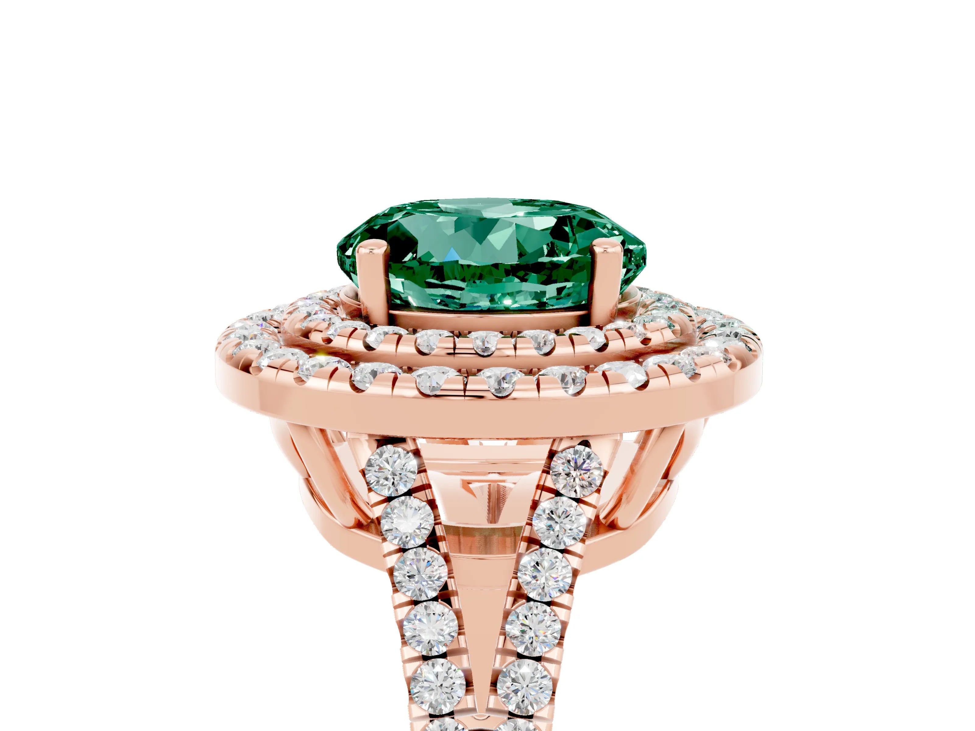 Rose gold Round Cut Green Sapphire Double Halo Ring with Pavé Band and Prong Setting_17