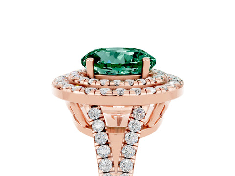 Rose gold Round Cut Green Sapphire Double Halo Ring with Pavé Band and Prong Setting_17