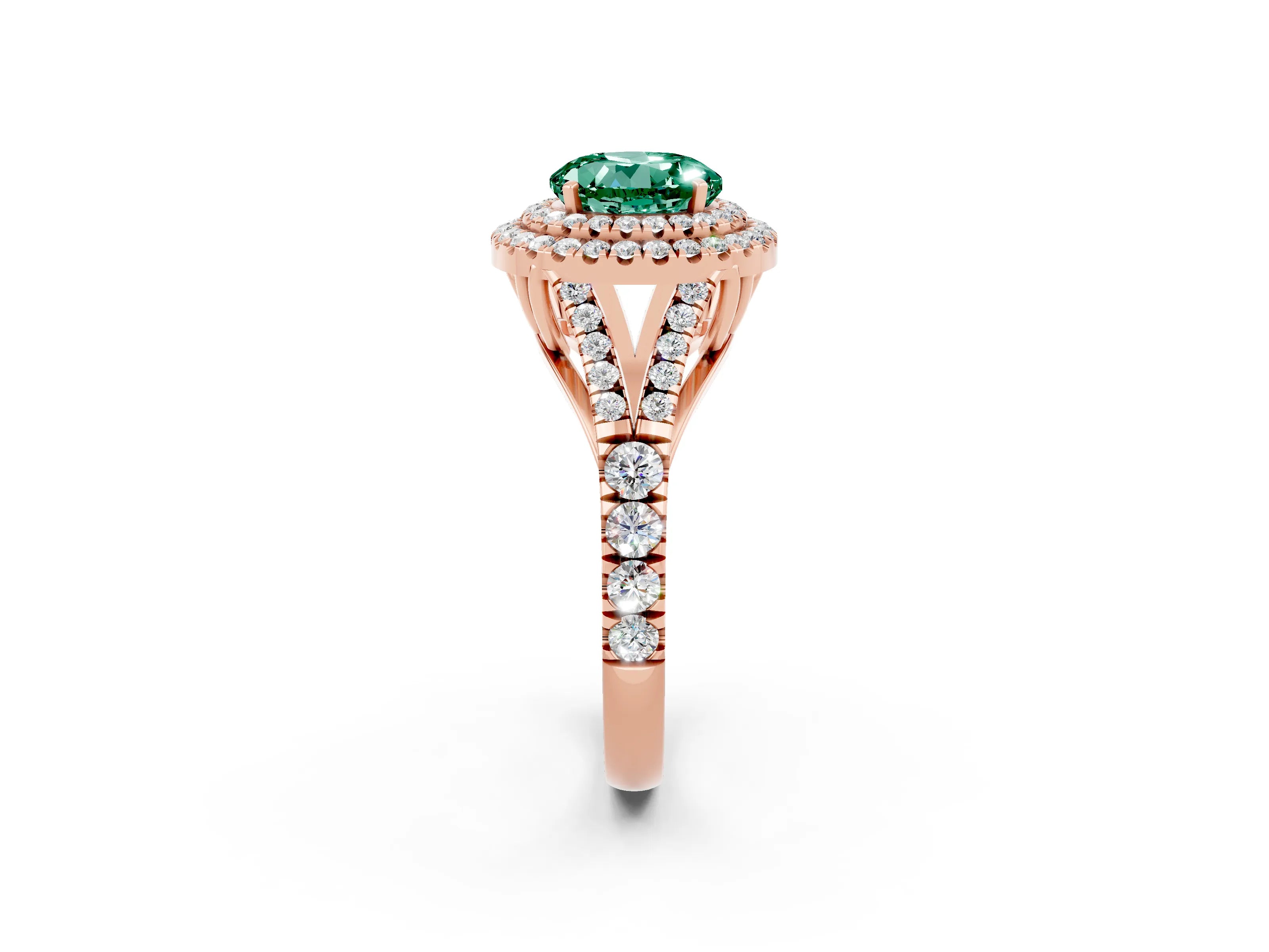 Rose gold Round Cut Green Sapphire Double Halo Ring with Split Shank and Prong Setting_14