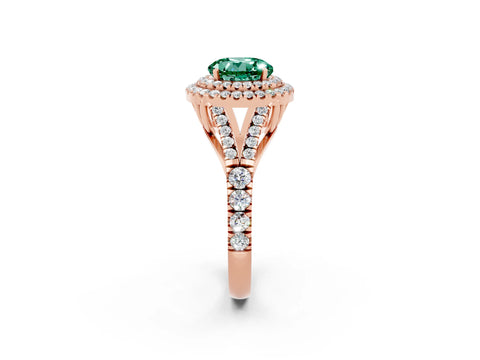 Rose gold Round Cut Green Sapphire Double Halo Ring with Split Shank and Prong Setting_14