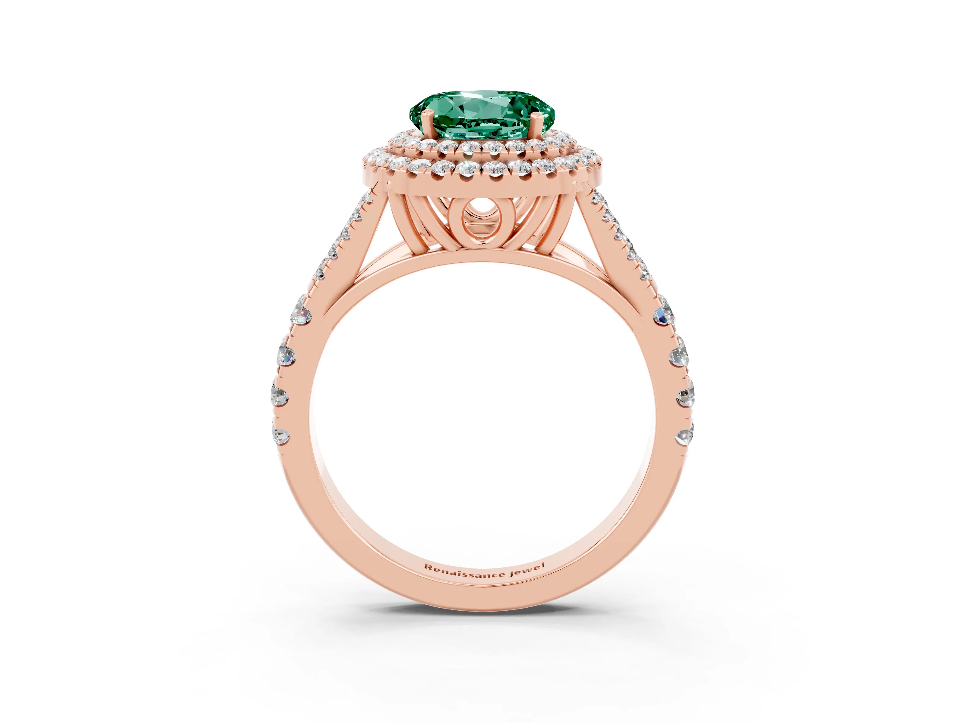 Rose gold Round Cut Green Sapphire Double Halo Ring with Split Shank and Prong Setting_15