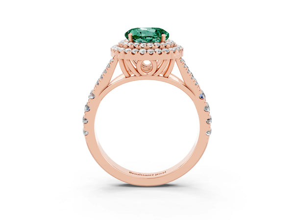 Rose gold Round Cut Green Sapphire Double Halo Ring with Split Shank and Prong Setting