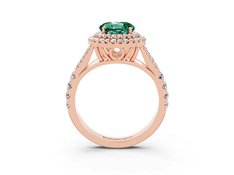 Rose gold Round Cut Green Sapphire Double Halo Ring with Split Shank and Prong Setting_15