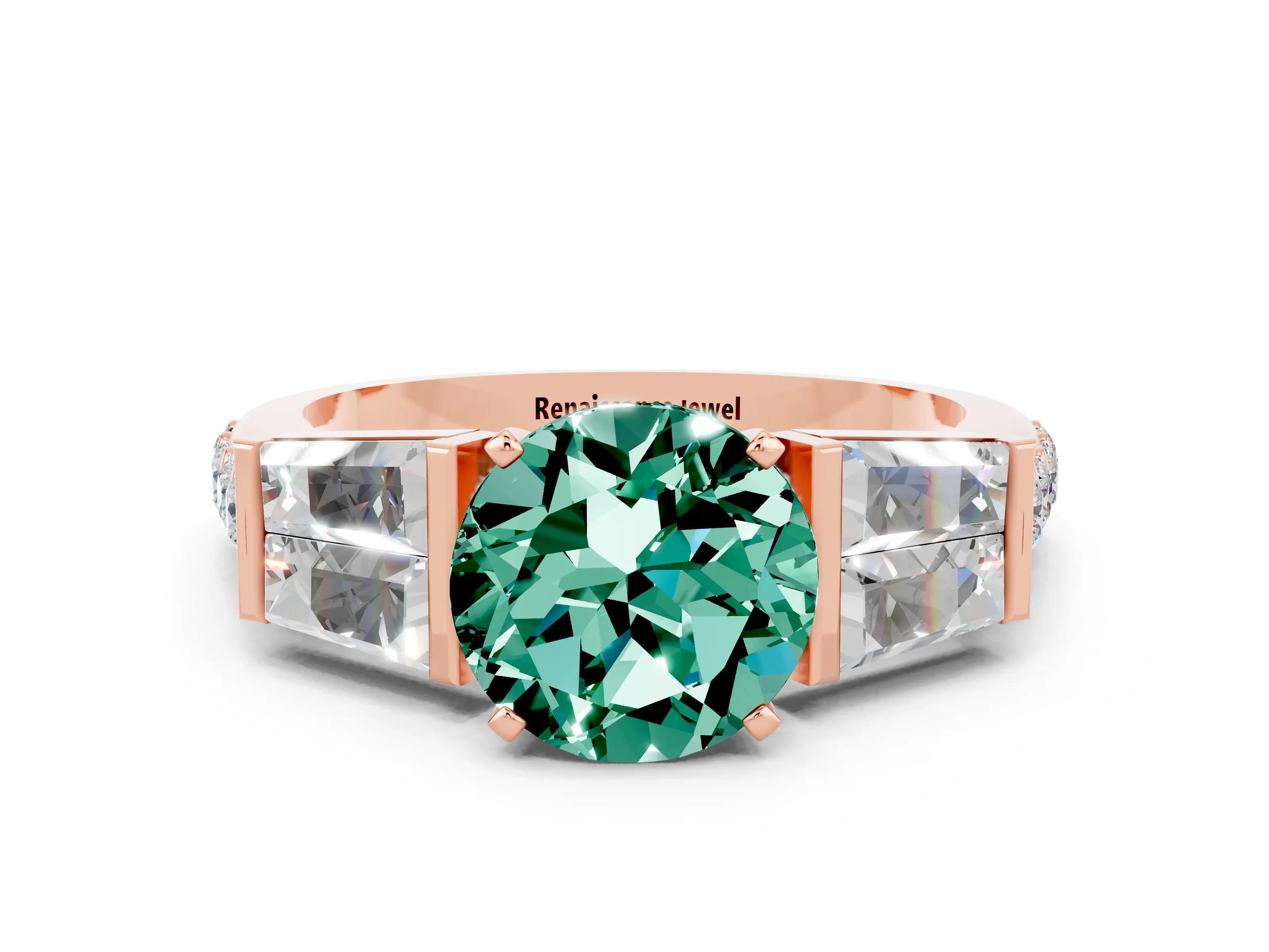 Rose gold Round Cut Green Sapphire Engagement Ring with Baguette Side Stones and Channel Set Band