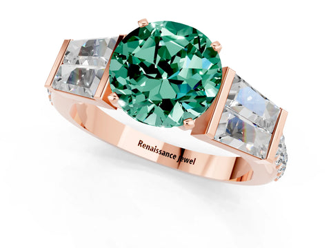 Rose gold Round Cut Green Sapphire Engagement Ring with Baguette Side Stones and Channel Set Band_1