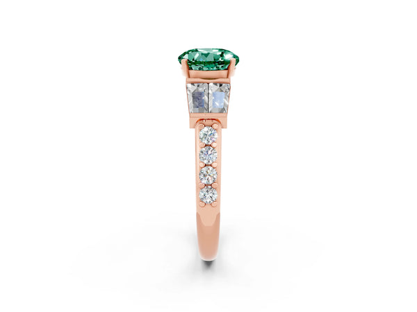 Rose gold Round Cut Green Sapphire Engagement Ring with Baguette Side Stones and Channel Set Band