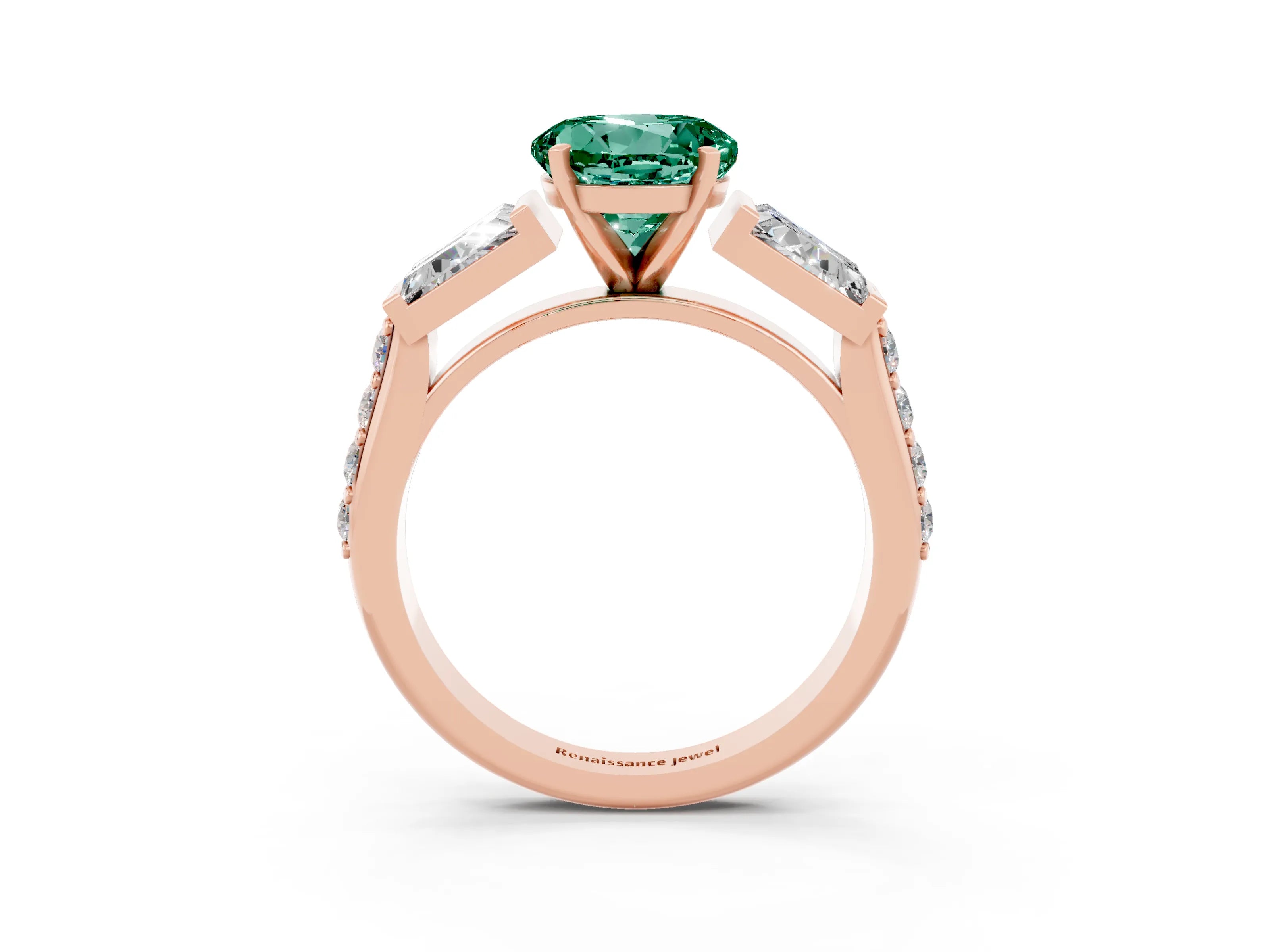 Rose gold Round Cut Green Sapphire Engagement Ring with Baguette Side Stones and Channel Set Band_3