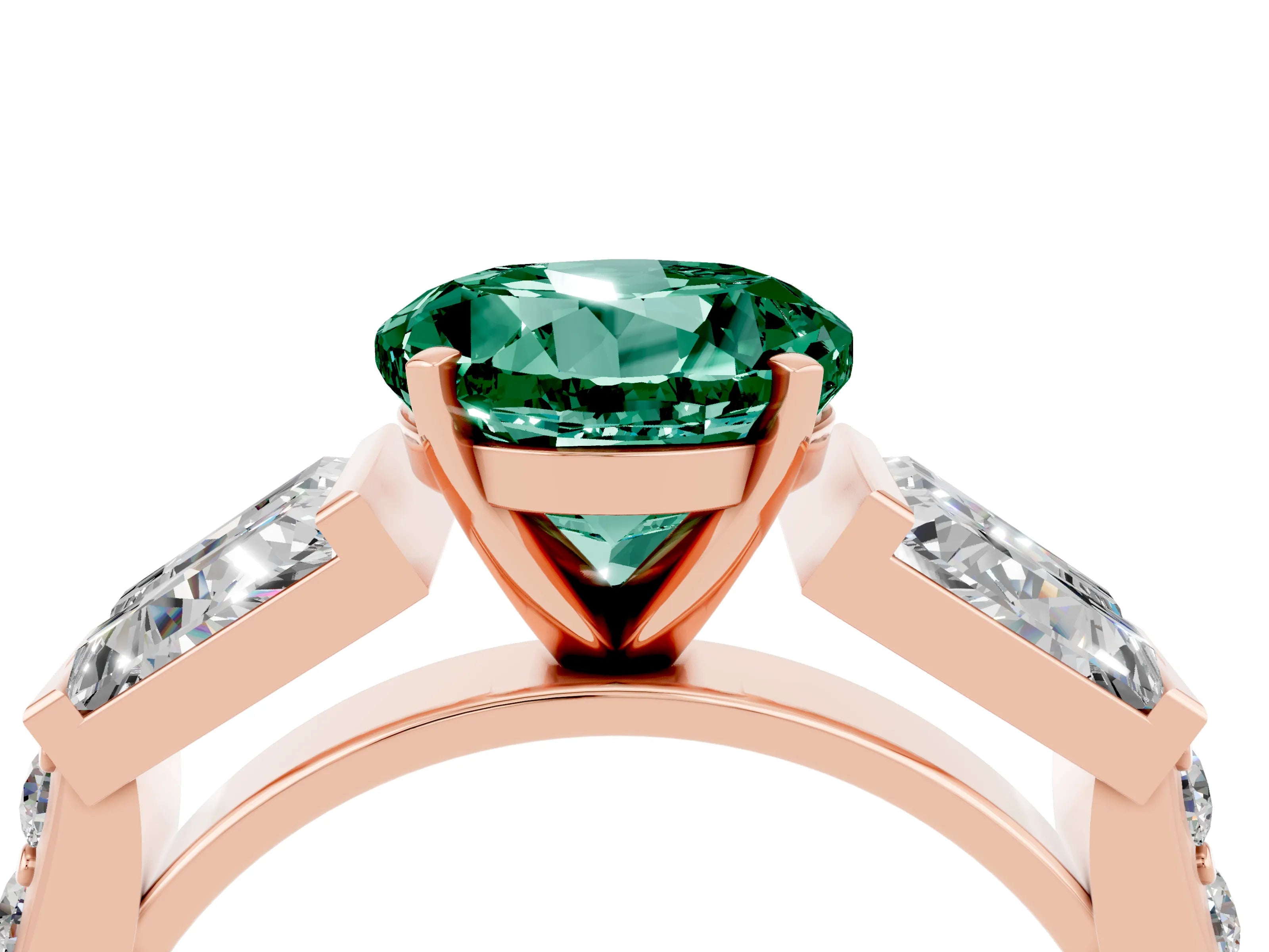 Rose gold Round Cut Green Sapphire Engagement Ring with Baguette Side Stones and Channel Set Band_4