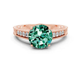 Rose gold Round Cut Green Sapphire Engagement Ring with Milgrain Channel Set Band and Prong Setting