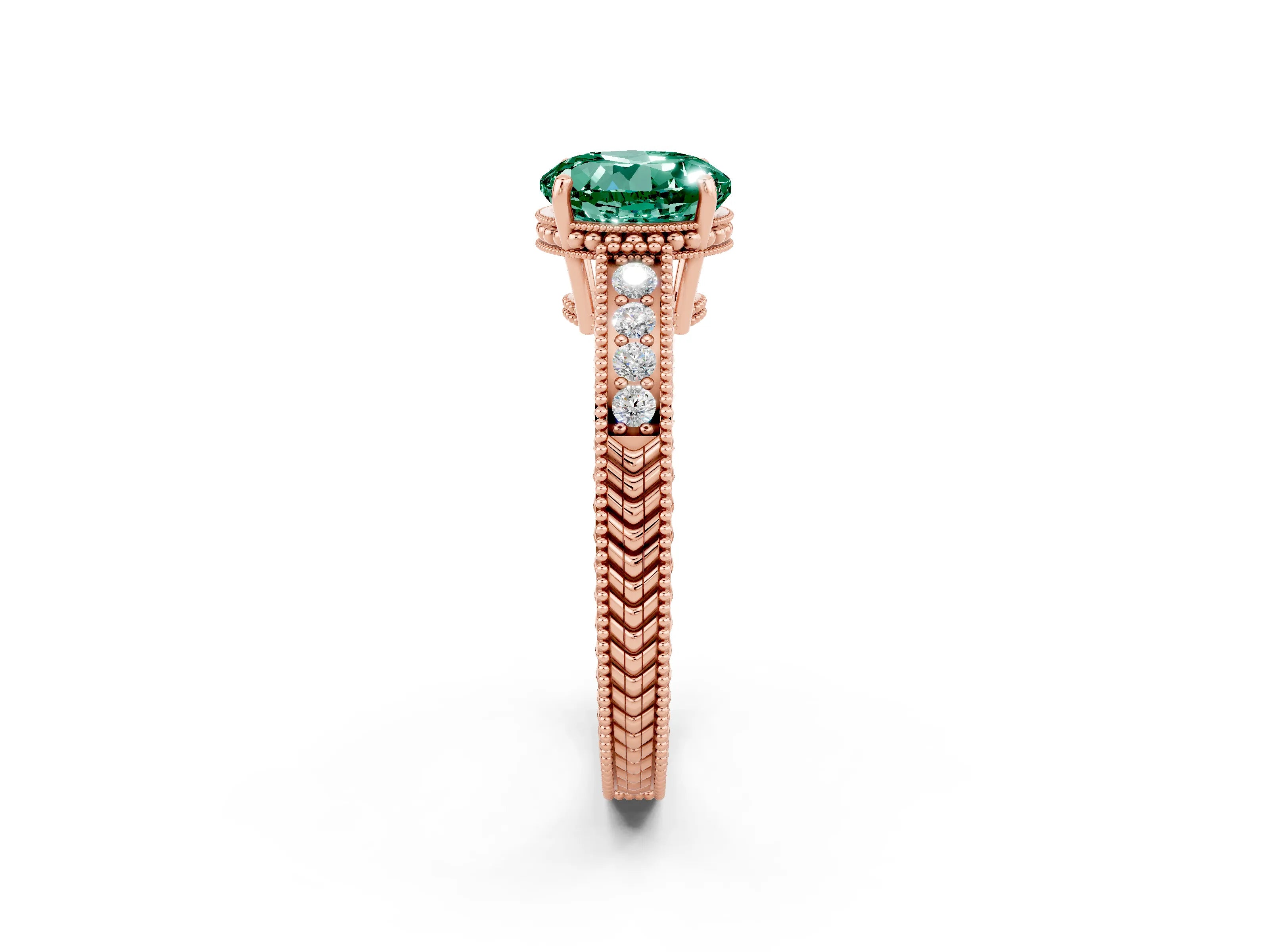Rose gold Round Cut Green Sapphire Engagement Ring with Milgrain Channel Set Band and Prong Setting_2