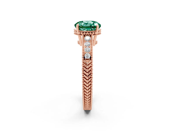 Rose gold Round Cut Green Sapphire Engagement Ring with Milgrain Channel Set Band and Prong Setting
