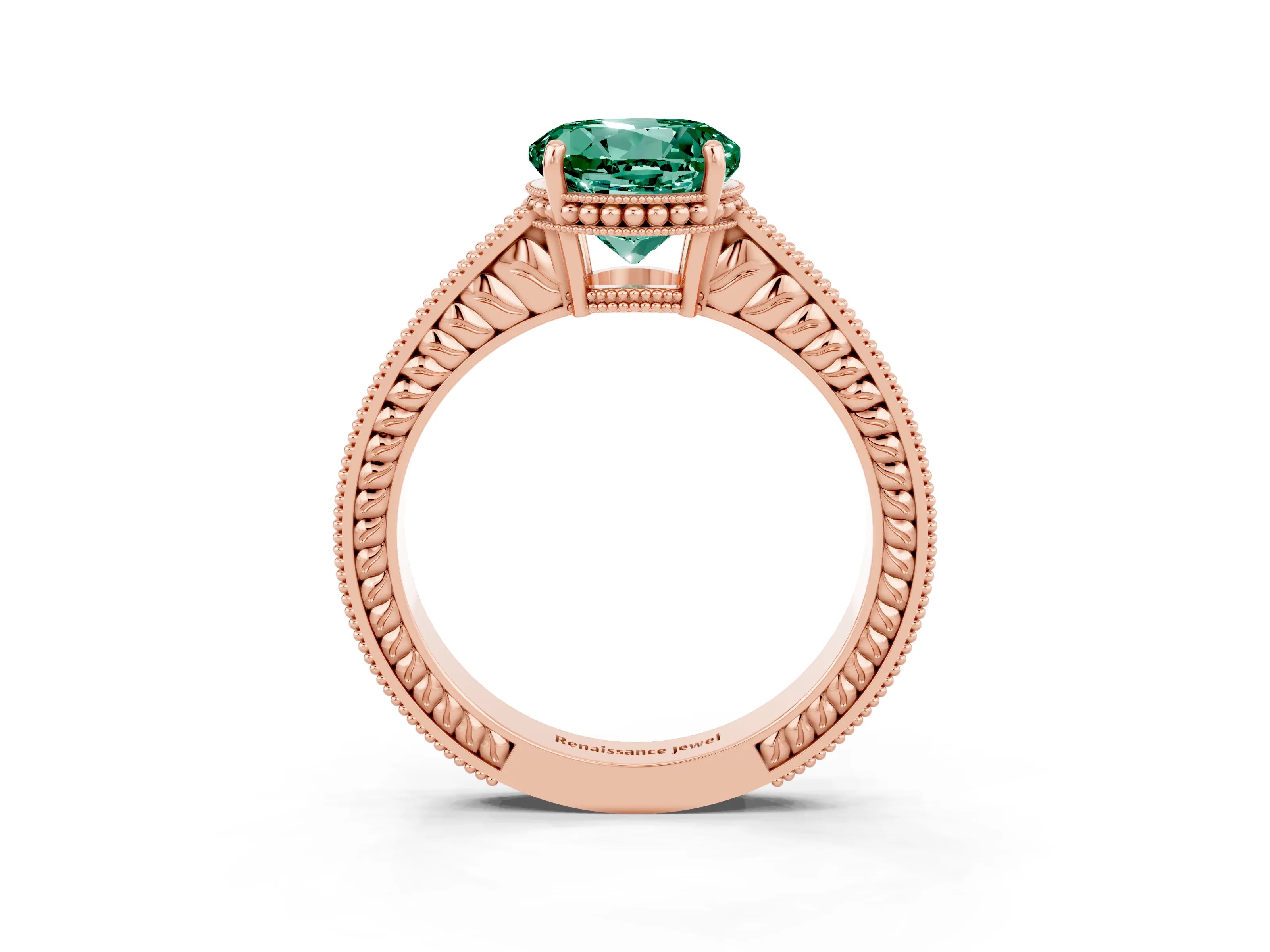 Rose gold Round Cut Green Sapphire Engagement Ring with Milgrain Channel Set Band and Prong Setting_3