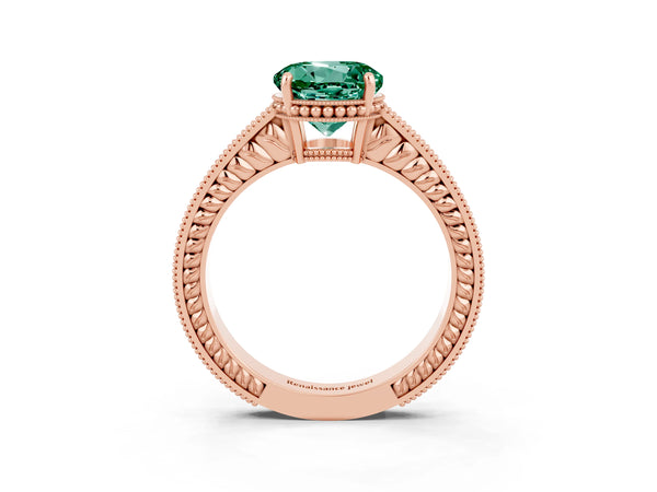 Rose gold Round Cut Green Sapphire Engagement Ring with Milgrain Channel Set Band and Prong Setting
