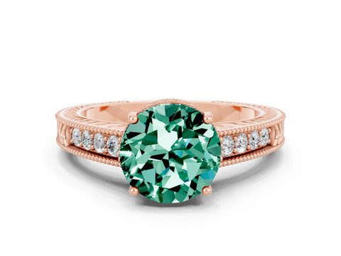 Rose gold Round Cut Green Sapphire Engagement Ring with Milgrain Channel Set Band and Prong Setting