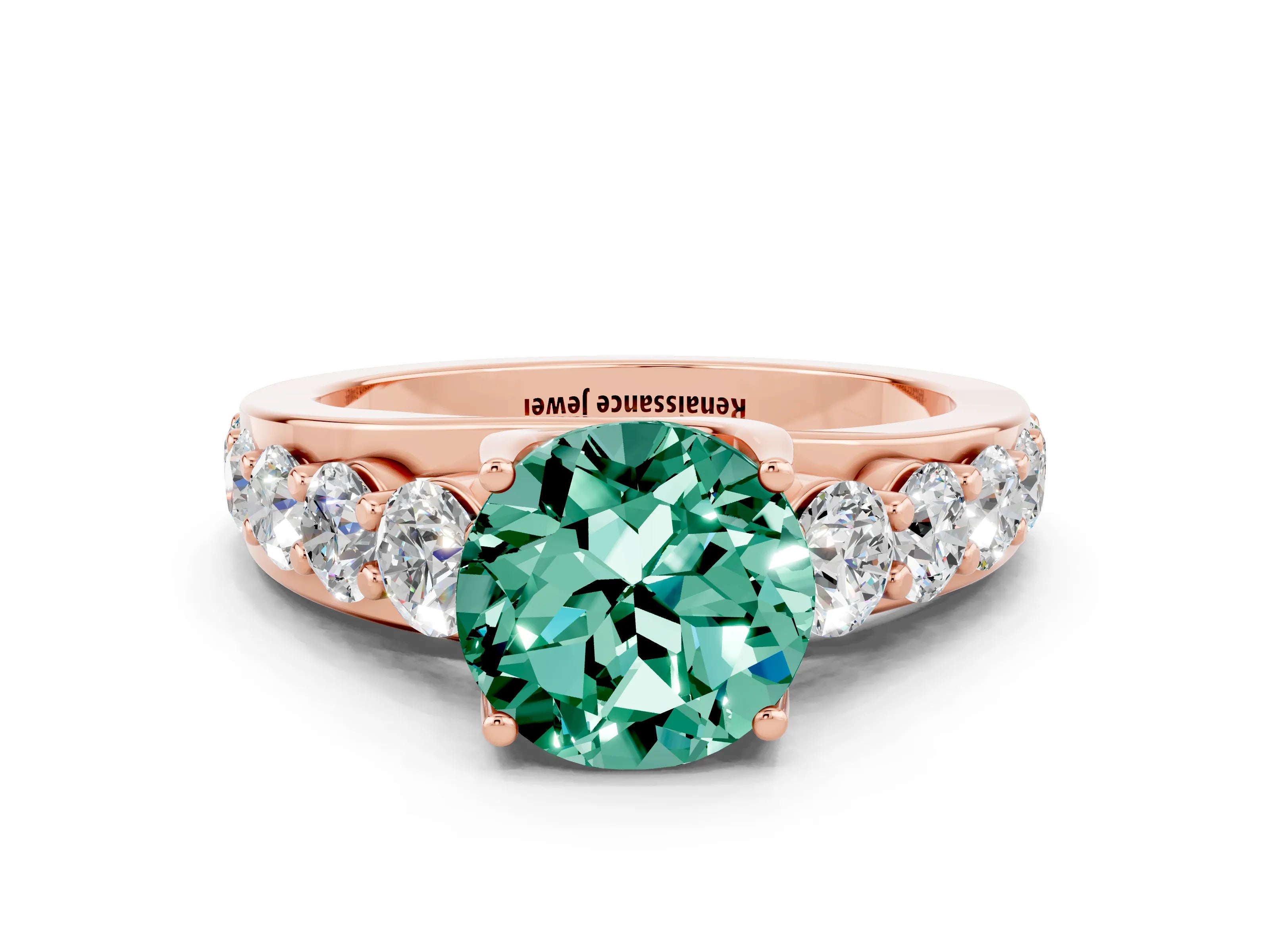 Rose gold Round Cut Green Sapphire Engagement Ring with Pavé Band and Four-Prong Setting