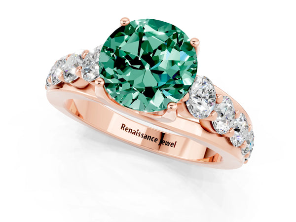 Rose gold Round Cut Green Sapphire Engagement Ring with Pavé Band and Four-Prong Setting