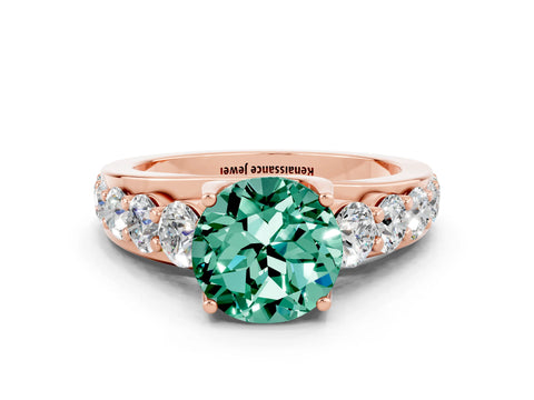 Rose gold Round Cut Green Sapphire Engagement Ring with Pavé Band and Four-Prong Setting
