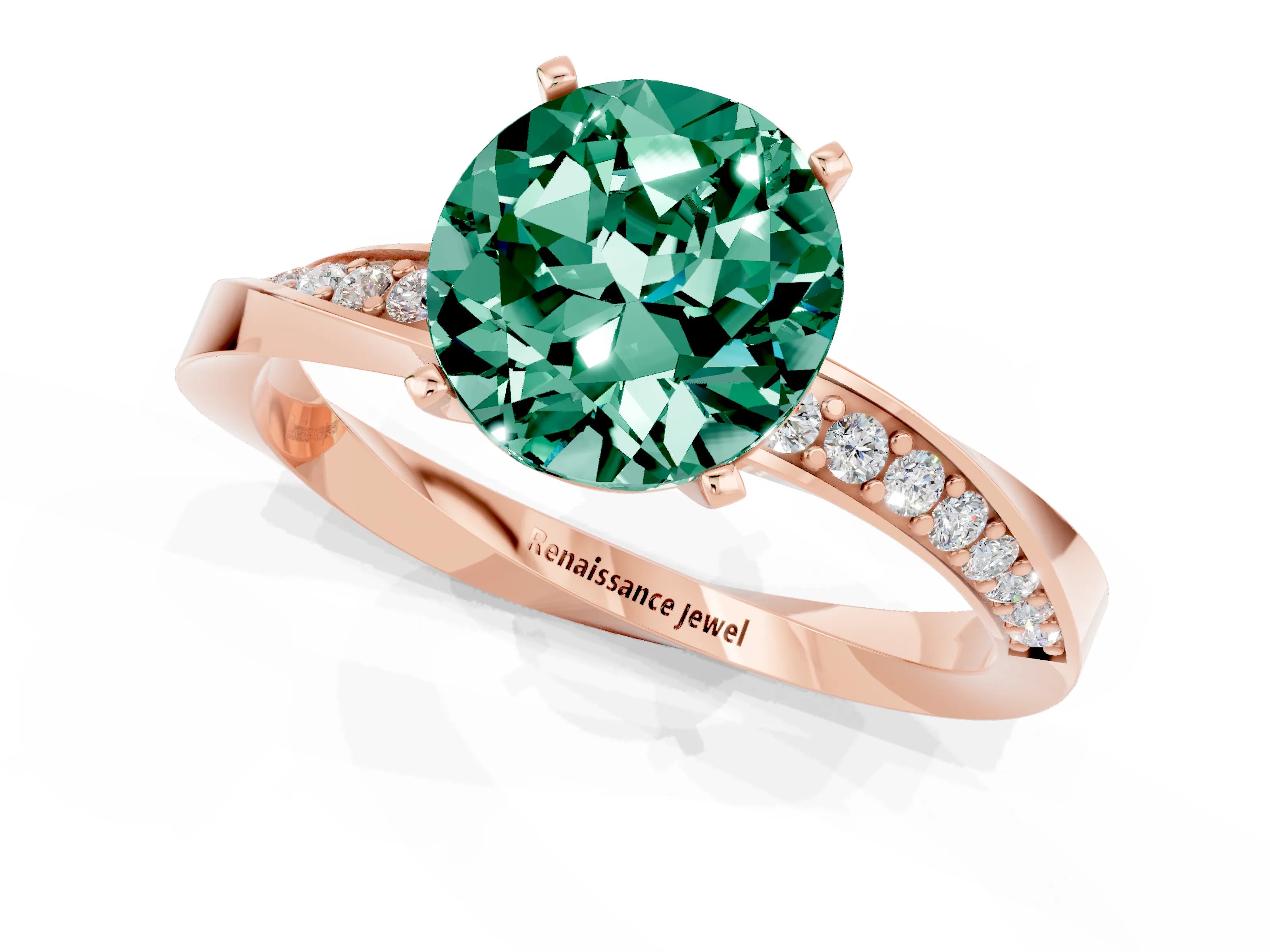 Rose gold Round Cut Green Sapphire Engagement Ring with Side Stone Accents and Four-Prong Setting_28
