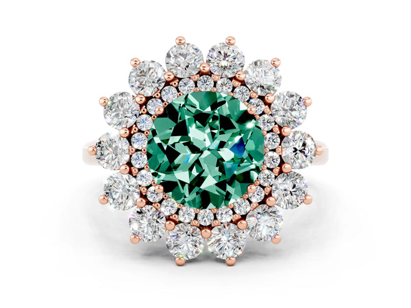 Rose gold Round Cut Green Sapphire Floral Double Halo Engagement Ring with Prong Setting