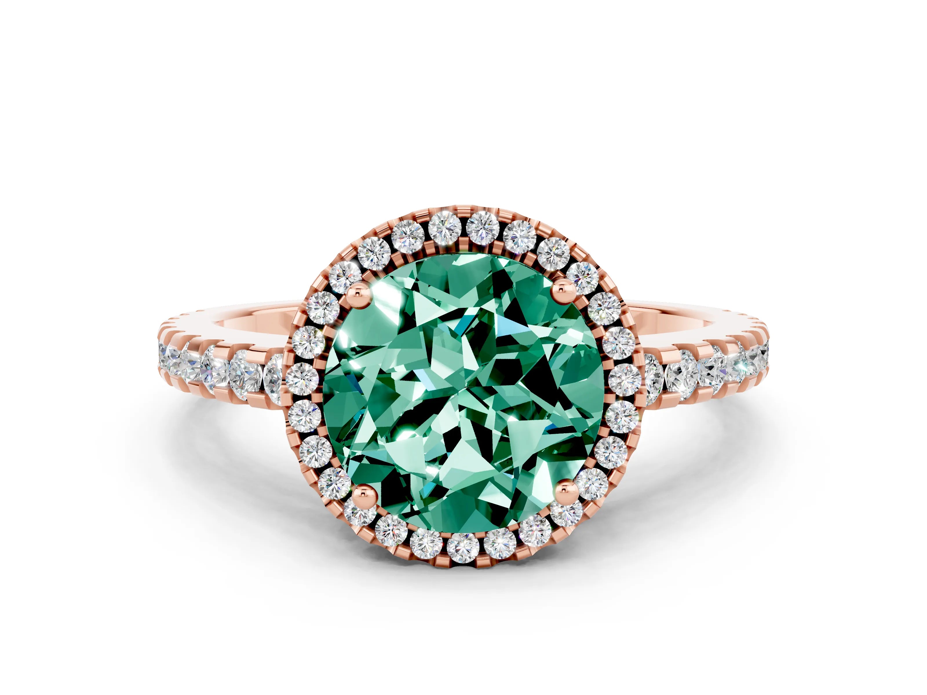 Rose gold Round Cut Green Sapphire Halo Engagement Ring with Pavé Band and Prong Setting_12