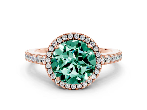 Rose gold Round Cut Green Sapphire Halo Engagement Ring with Pavé Band and Prong Setting