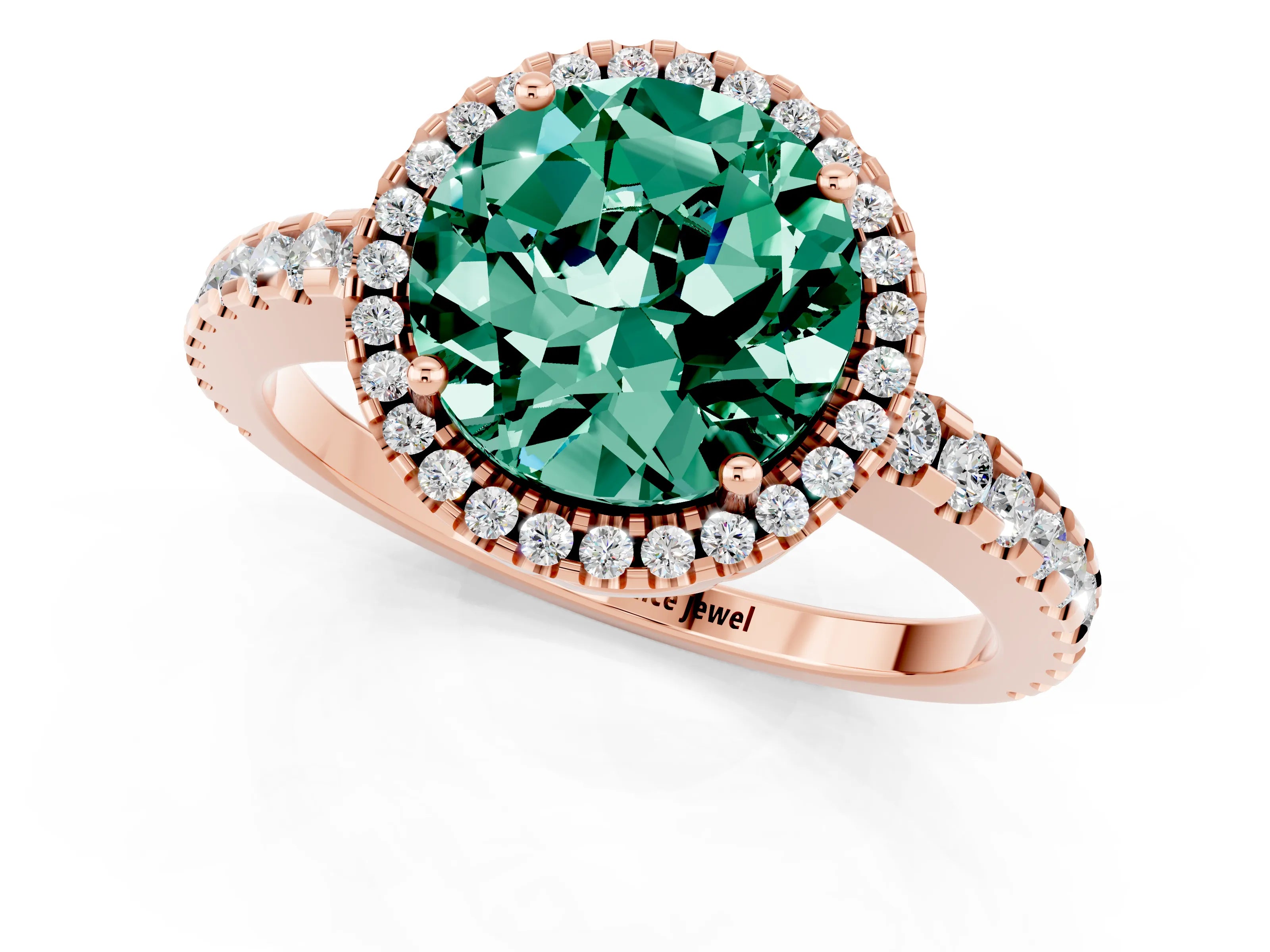 Rose gold Round Cut Green Sapphire Halo Engagement Ring with Pavé Band and Prong Setting_13