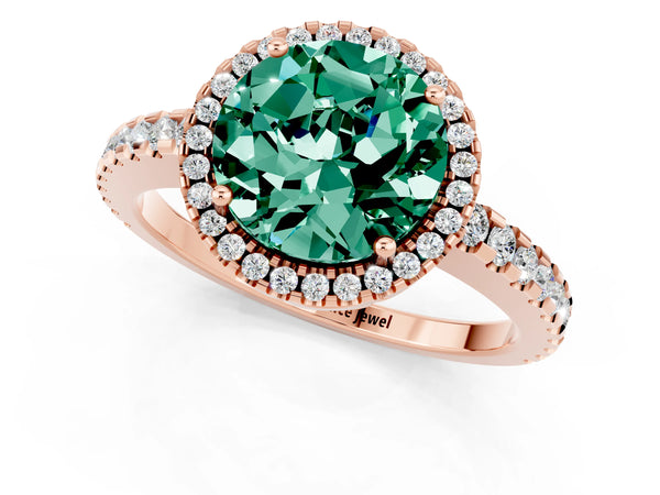 Rose gold Round Cut Green Sapphire Halo Engagement Ring with Pavé Band and Prong Setting