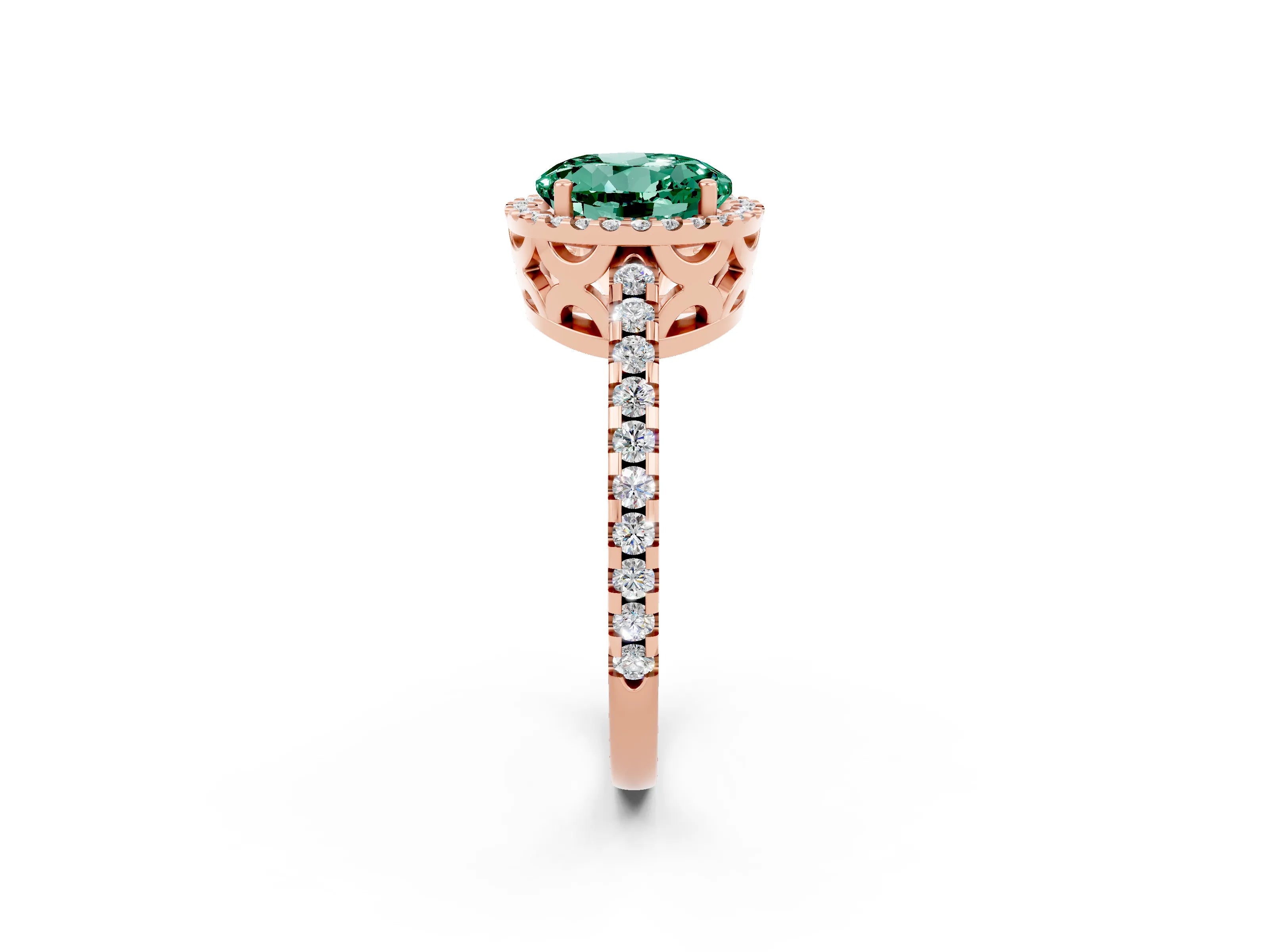 Rose gold Round Cut Green Sapphire Halo Engagement Ring with Pavé Band and Prong Setting_14