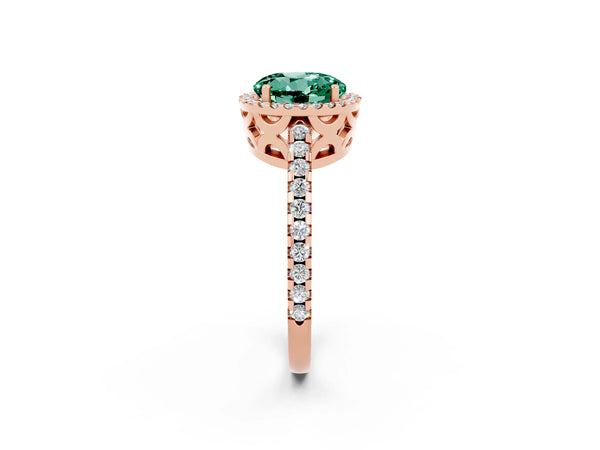 Rose gold Round Cut Green Sapphire Halo Engagement Ring with Pavé Band and Prong Setting