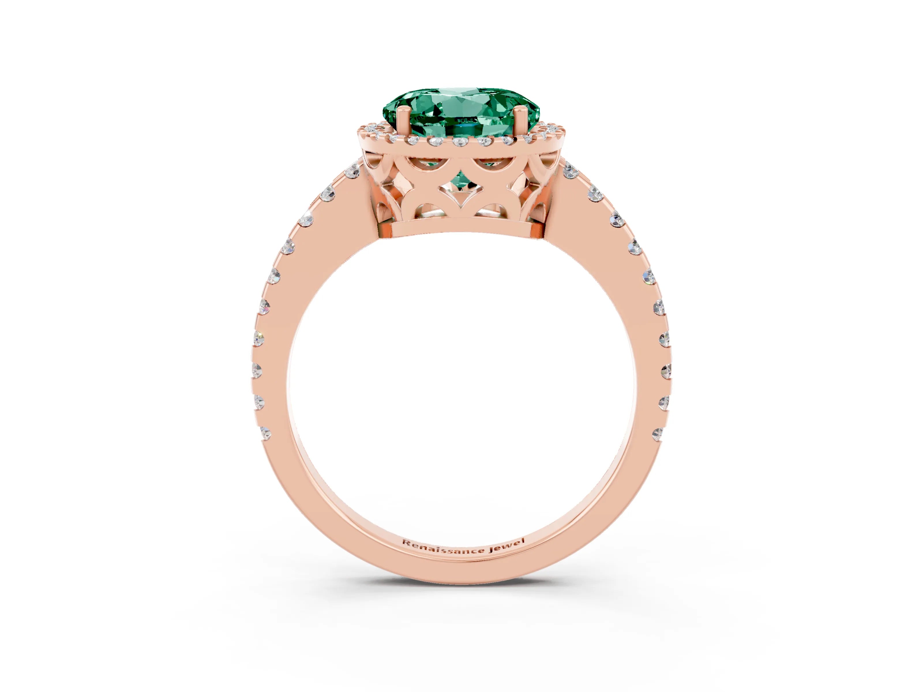 Rose gold Round Cut Green Sapphire Halo Engagement Ring with Pavé Band and Prong Setting_15