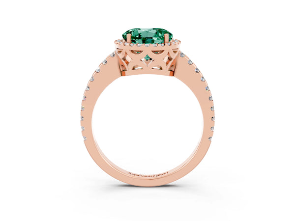 Rose gold Round Cut Green Sapphire Halo Engagement Ring with Pavé Band and Prong Setting