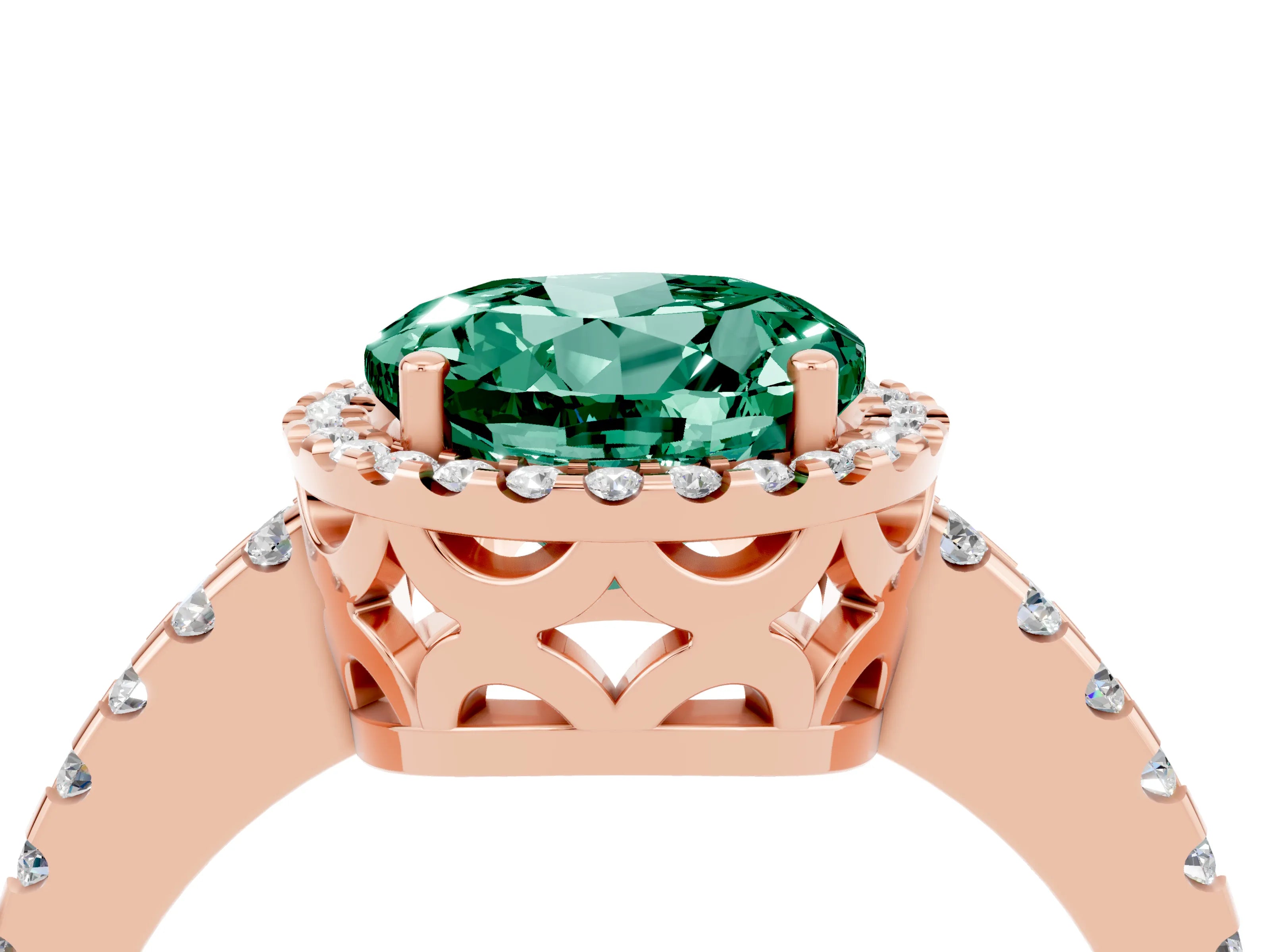 Rose gold Round Cut Green Sapphire Halo Engagement Ring with Pavé Band and Prong Setting_16