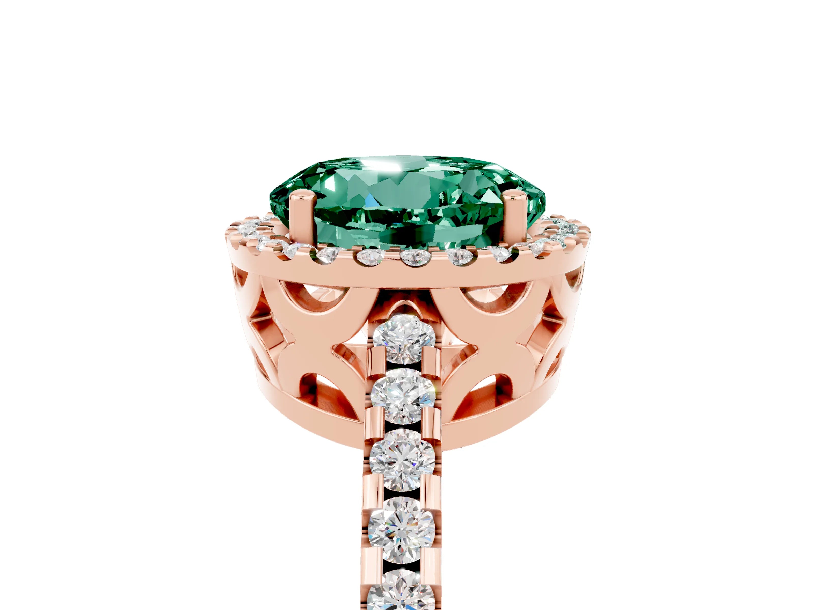 Rose gold Round Cut Green Sapphire Halo Engagement Ring with Pavé Band and Prong Setting_17