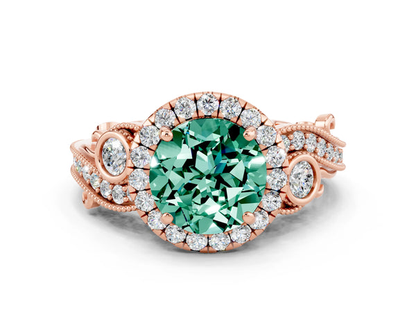 Rose gold Round Cut Green Sapphire Halo Ring with Milgrain Pavé Band and Four-Prong Setting